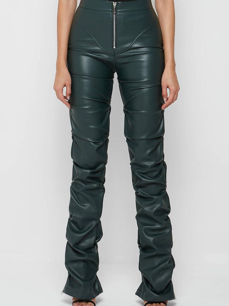 Damen Mode Schlank Geschnittene PU-Leder Lange Hosen, Persönlichkeit Faltbare Micro-Saum Hosen für Damen, Neue Saison