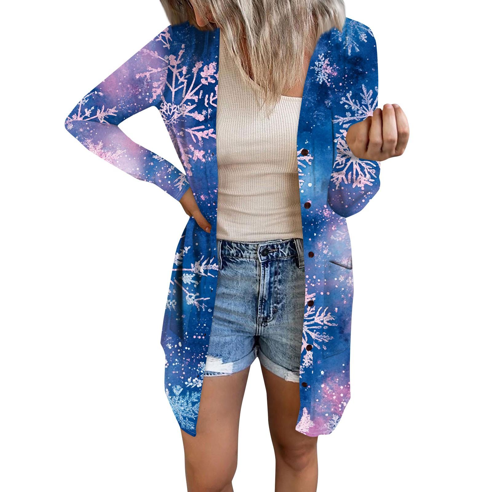 

Женский повседневный кардиган с длинным рукавом и рождественским принтом с карманами S синий