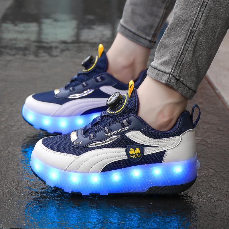 New wheel shoes double wheel charging rotating buckle colorful lights runaway shoes direct sales support