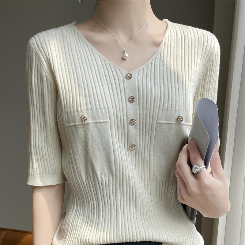 

Трикотажная футболка с V-образным вырезом, имитацией кармана, рукавом три четверти, женский летний свободный универсальный пуловер XXL