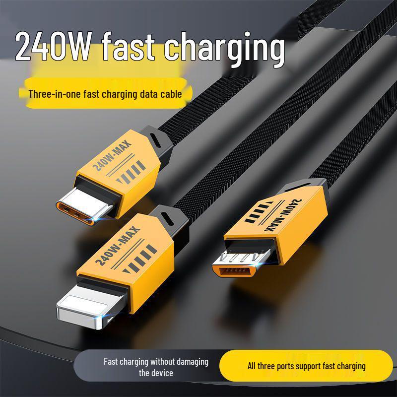 240W Fast Charging 3-in-1 Cable for Apple 13, Android, and Type-C.