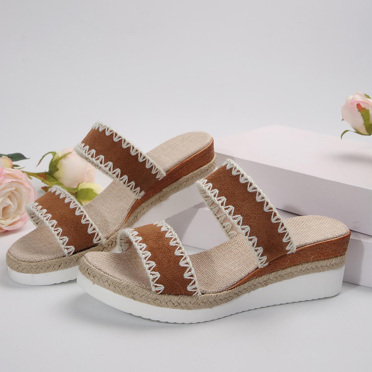 

Женские модные тапочки иностранной торговли, сандалии на толстой подошве, повседневная верхняя одежда, пеньковая веревка, широкая полоска, с открытым носком, модные тапочки 43 светло-коричневого