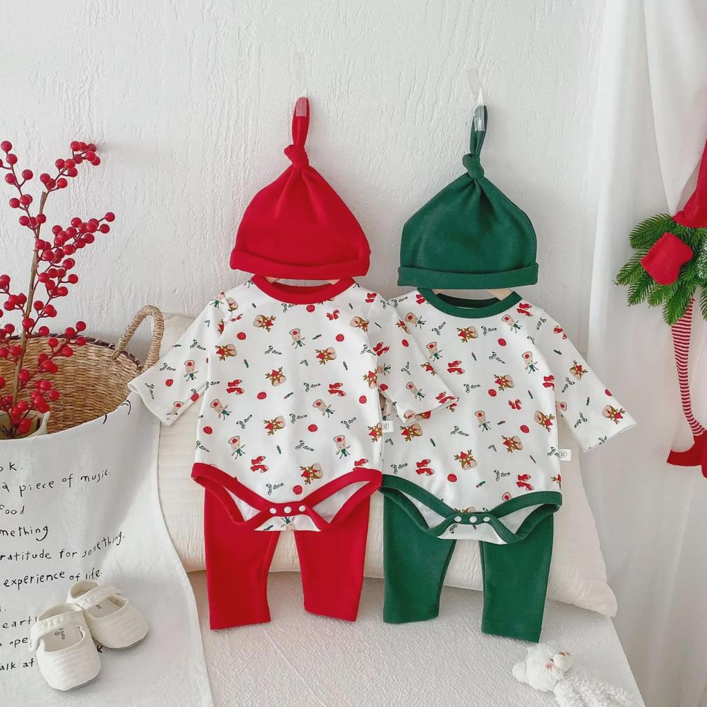 2025 European & American Baby Christmas Long-Sleeve 3-Piece Romper Set