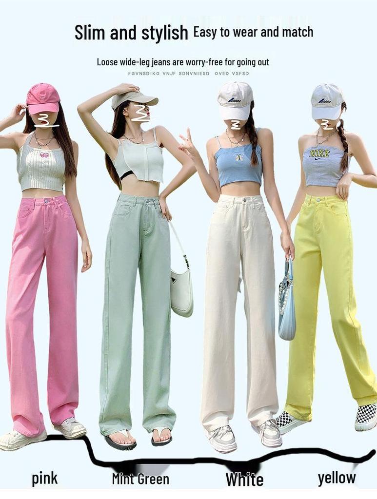 Women's Pink High-Waisted Wide-Leg Jeans: Summer Thin, Loose Fit, Plus Size, Slimming, Floor-Length Straight Pants