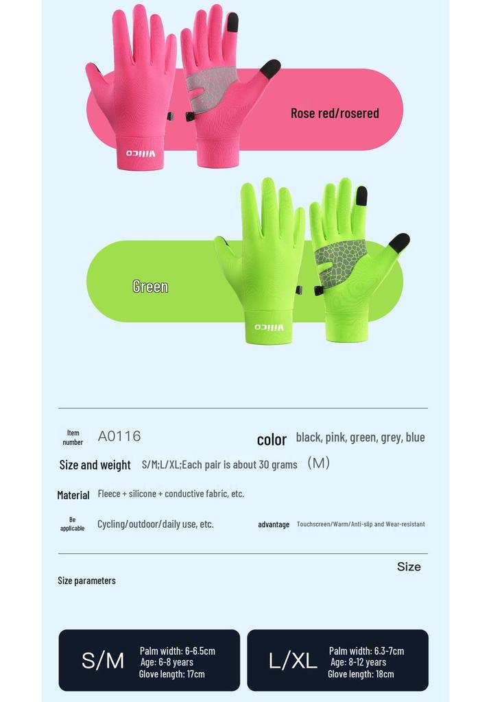 Kids' Unisex Touchscreen Non-Slip Cycling Gloves - Warm Velvet for Autumn & Winter Outdoor Sports