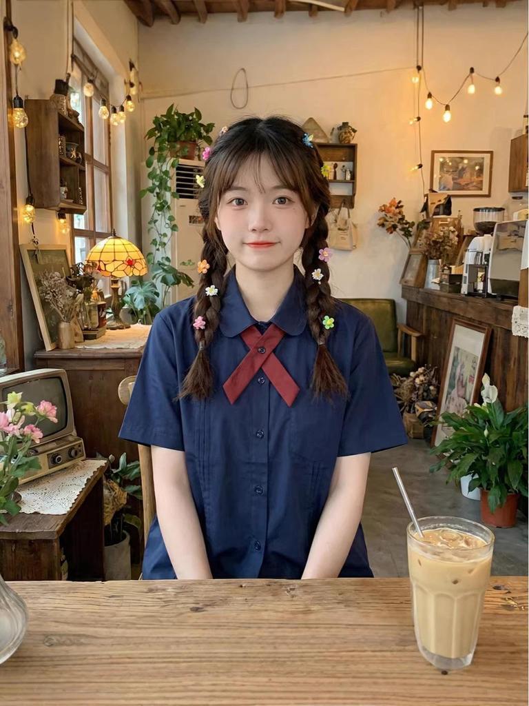 Women's Summer Loose Fit Bellows-Pleated Short-Sleeve Shirt with Bow Tie - Japanese School Style
