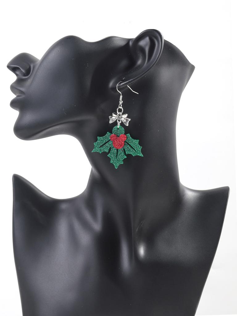 Glitter Green Leaf Acrylic Christmas Earrings for Women Creative Bow Leaves Long Dangle Earring Fashion Party Jewelry Gifts