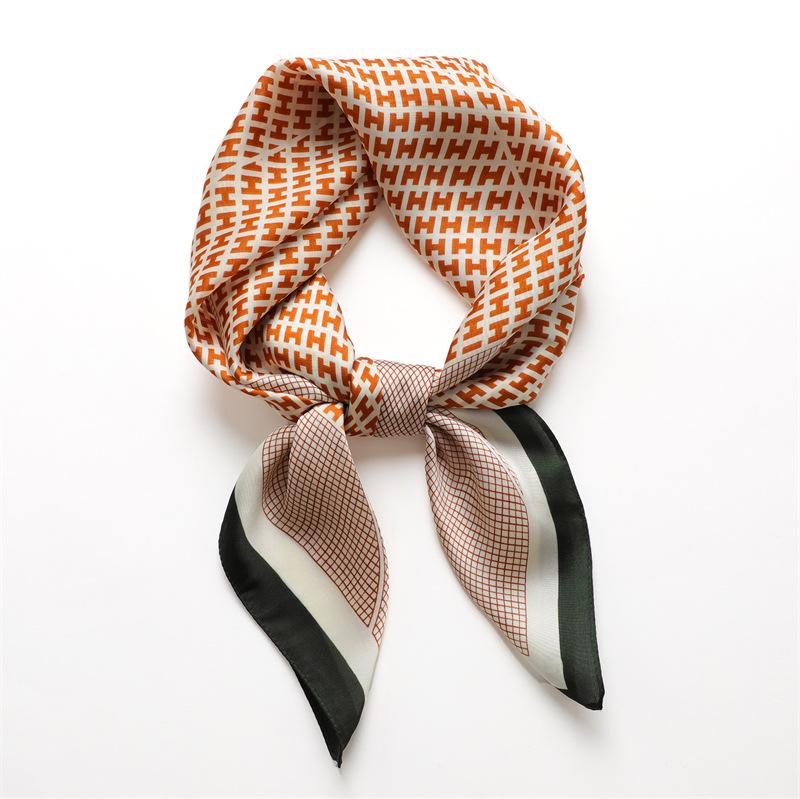 Letter H Foreign Style Silk Scarf Internet Celebrity Live Broadcast Popular Square Scarf Simple Versatile Scarf Simulation Silk Square Scarf 71cm Head