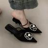 Designer Flower Women Heeled Slippers Bead Pointed Toe Mid Heels Shoes 2025 Shallow Pumps Party Summer Chaussures Ladies