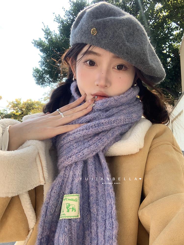 Eșarfă de iarnă în stil coreean din mohair, culoare solidă, pentru femei - Design tricotat moale și confortabil pentru studenți