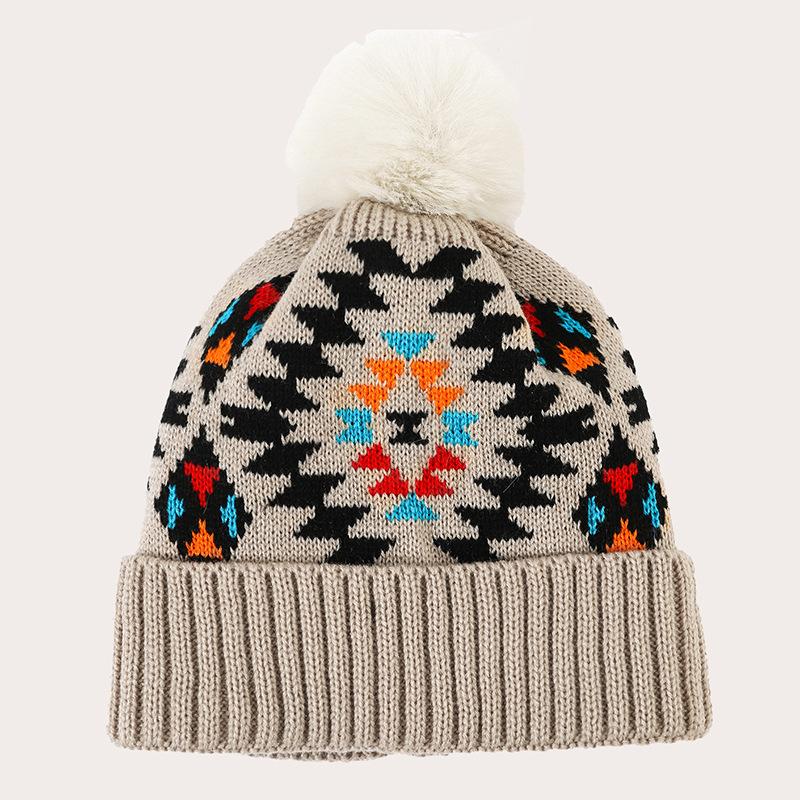 Hat Women's Winter Bohemian Colorful Plaid Jacquard Knitted Hat Imitation Hairball Warm Wool Hat