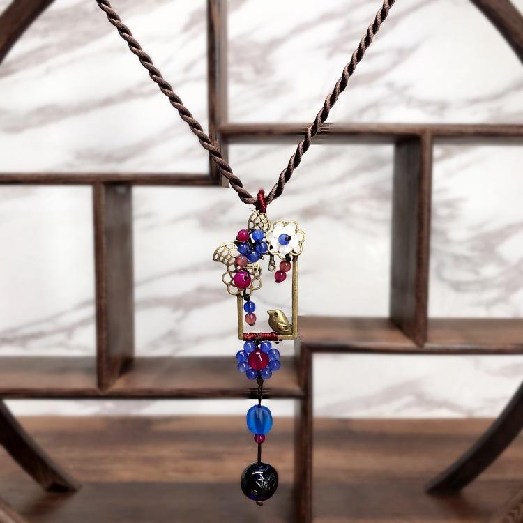 Retro Glazed Long Necklace, Women's Versatile Temperament Sweater Chain Agate Pendant Fringed Pendant Accessories