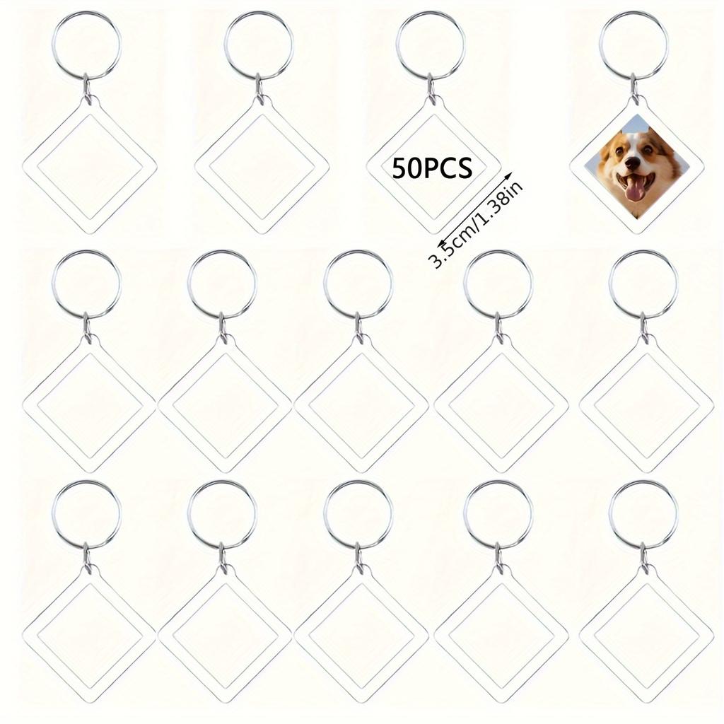 50/100pcs Clear Acrylic Photo Frame Keychains DIY 2D Picture Holders Frame Keychain Kit with Silvery Ring for Backpacks Car Keys