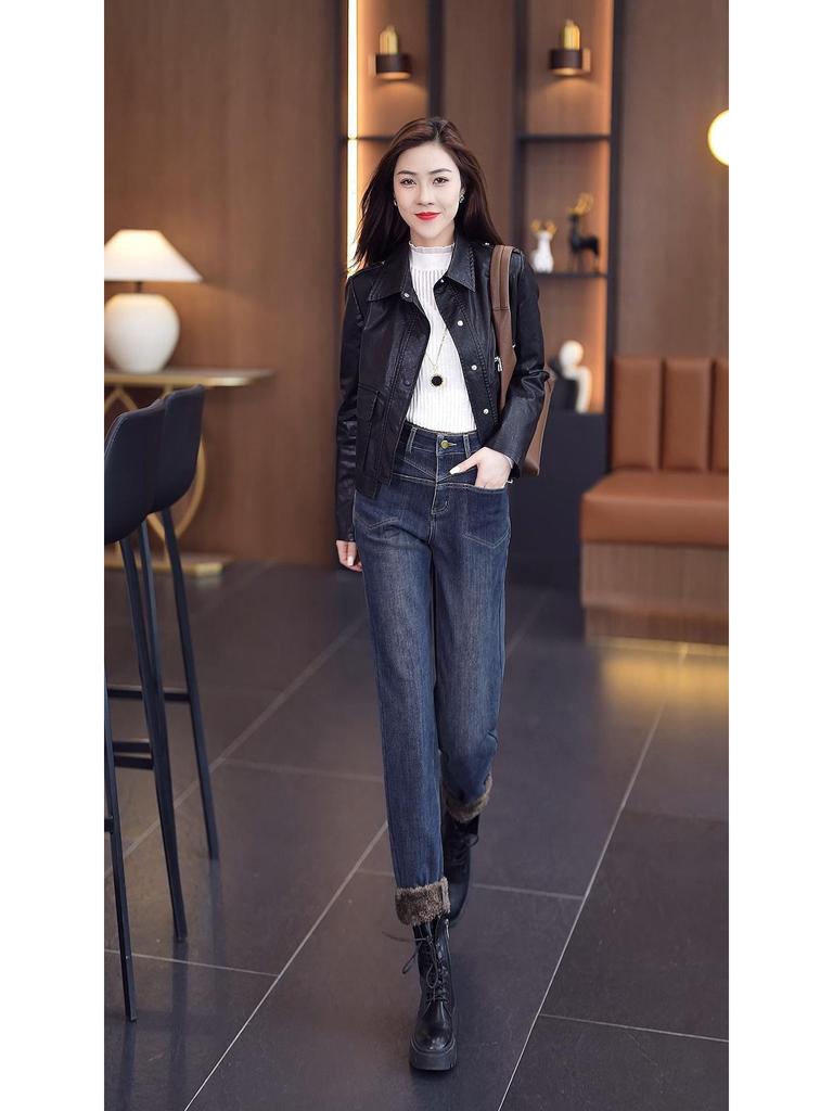 Brand Women's 2025 Autumn/Winter Velvet-Lined Skinny Jeans for Petite Figure