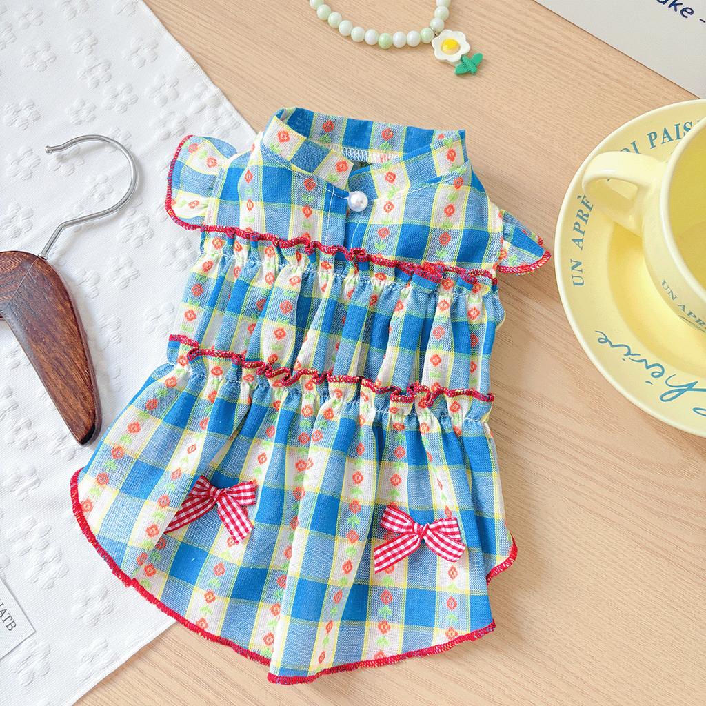 Pet Spring Grid Little Flying Sleeve Princess Skirt Dog Cat Teddy Yorkshire Vest Dog Clothes for Small Dogs Puppy