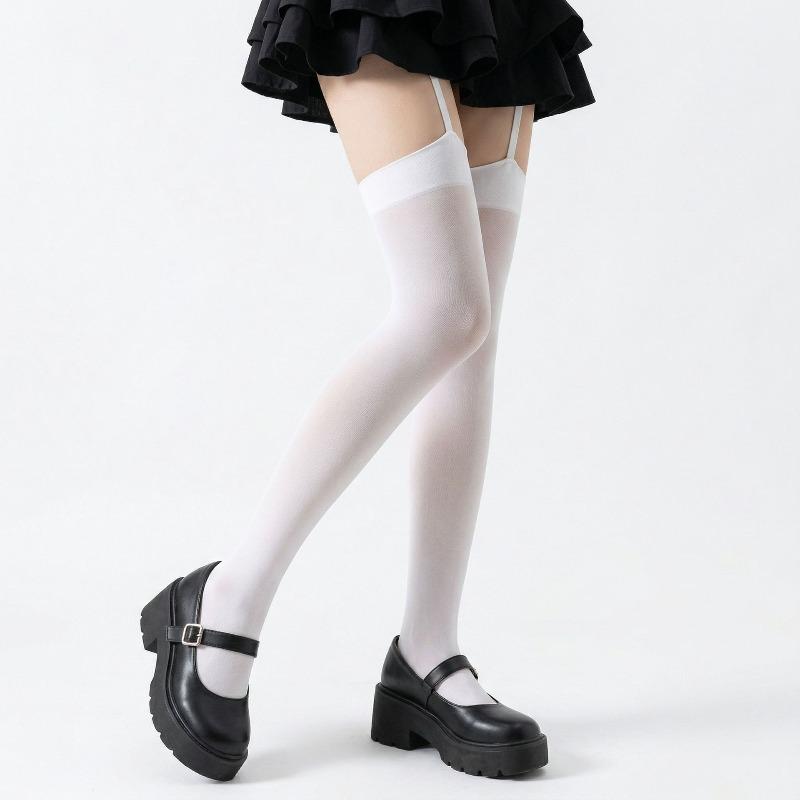 Women Suspender Wide-Banded Velvet Tights Lolita Thin Thigh High Stockings With Garters Y2K Jk College Over The Knee Socks
