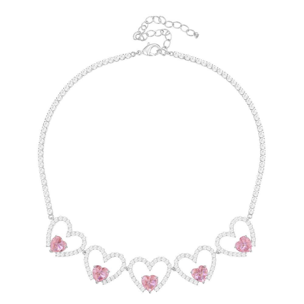Pink Heart Zircon Jewelry Set for Women Luxury 5 Heart Necklace Double Heart Earrings Elegant Gift