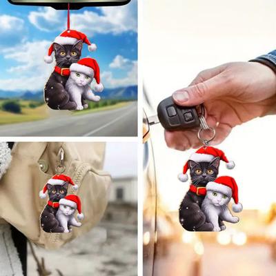 Enfeite de Gato de Natal Gato de Desenho Animado com Pingente de Chapéu de Papai Noel Acrílico Plano 2D Decoração Pendente para Árvore de Natal para Decoração de Casa de Feriado