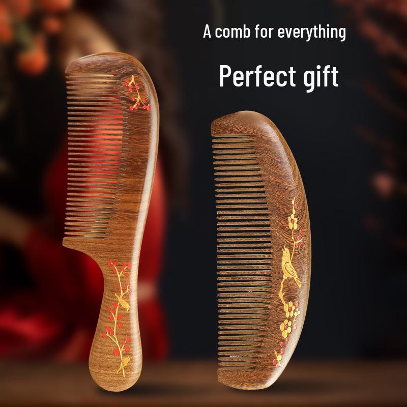 Premium Black Gold Sandalwood Comb: Hand-Painted, Anti-Static, Portable Hair Styling Comb with Gift Box for Women.