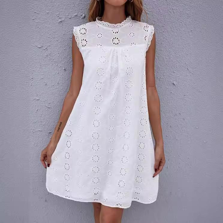Women's Round Neck Sleeveless Eyelet Embroidery Loose Fit Casual A Line Mini Dress