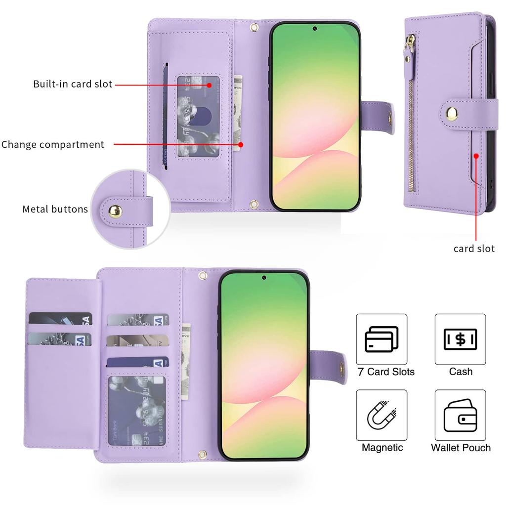 Flip Wallet Case for Samsung Galaxy A05 A06 A15 A16 A25 A26 A32 A36 A42 A53 A56 A71 A73 Zipper Pocket Case with Card Holder Slot