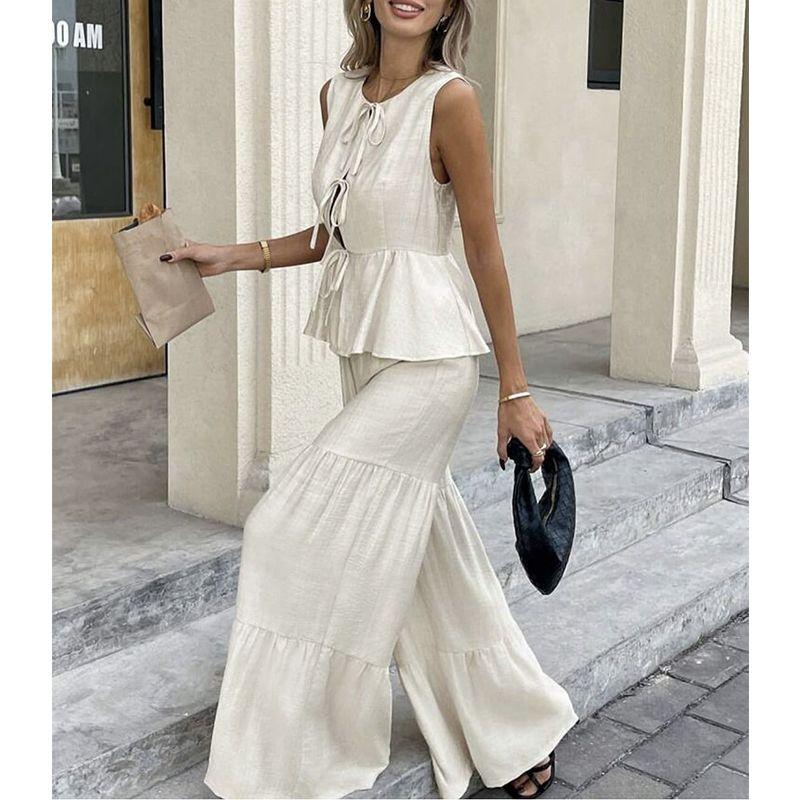 Spring and Summer New Women's Clothing Minimalist Wind round Neck Sleeveless Short Shoelace Tops Loose Vertical Horn Pants