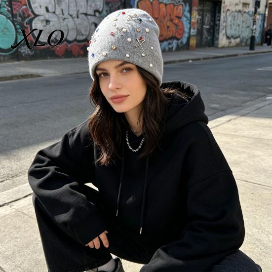 Soft Yarn Warm Cap Colorful Rhinestone Knitted Hat, Faux Pearl Safety Pin Punk Knit Stylish Music Festival Hat Bling Winter Hip Hop for Women