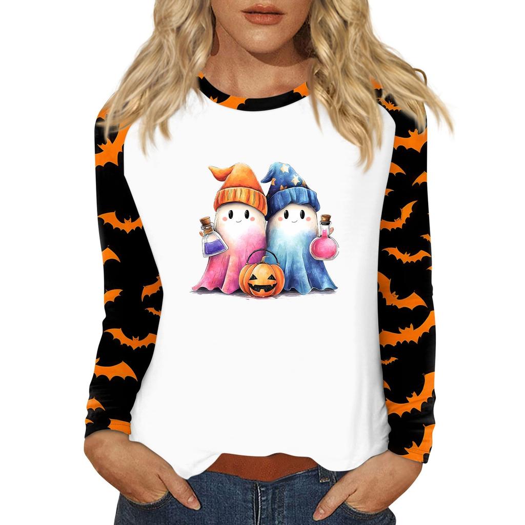 Damen T-Shirt Halloween-Print Langarm Täglich Mode Basic Rundhals Raglanärmel Oberteil