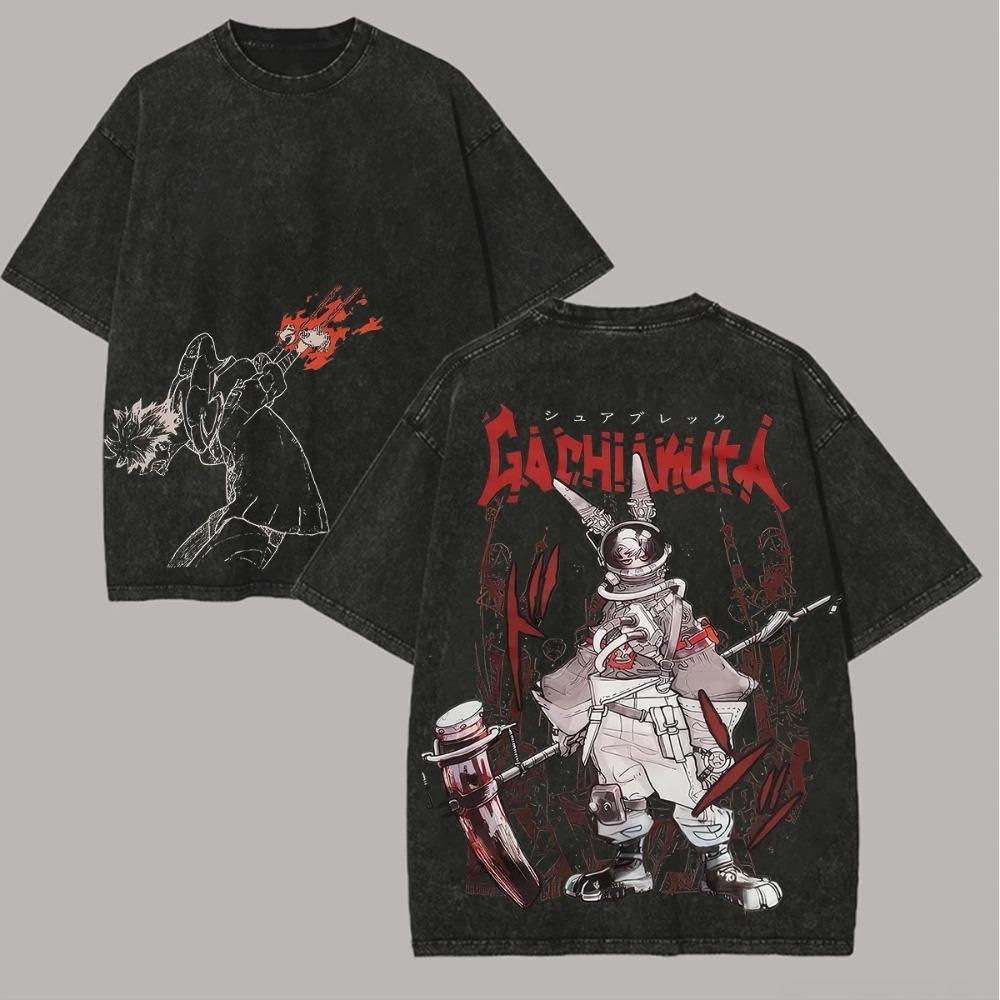 GACHIAKUTA "THE PIT" Character Group Vintage Washed Double-Sided Graphic Oversized Black T-Shirt | Anime Streetwear Fan Merch Tee