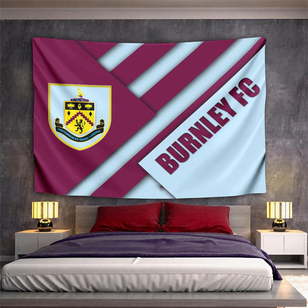 Diagonal claret and blue blocks with Burnley FC logo and name visible. Patterned tapestry for bedroom and living room home decor