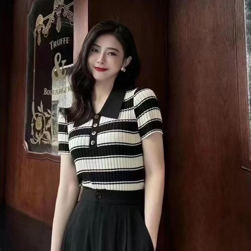 

Бренд Authentic 2025 Летняя Приталенная Полосатая Трикотажная Футболка с Воротником Поло Size L