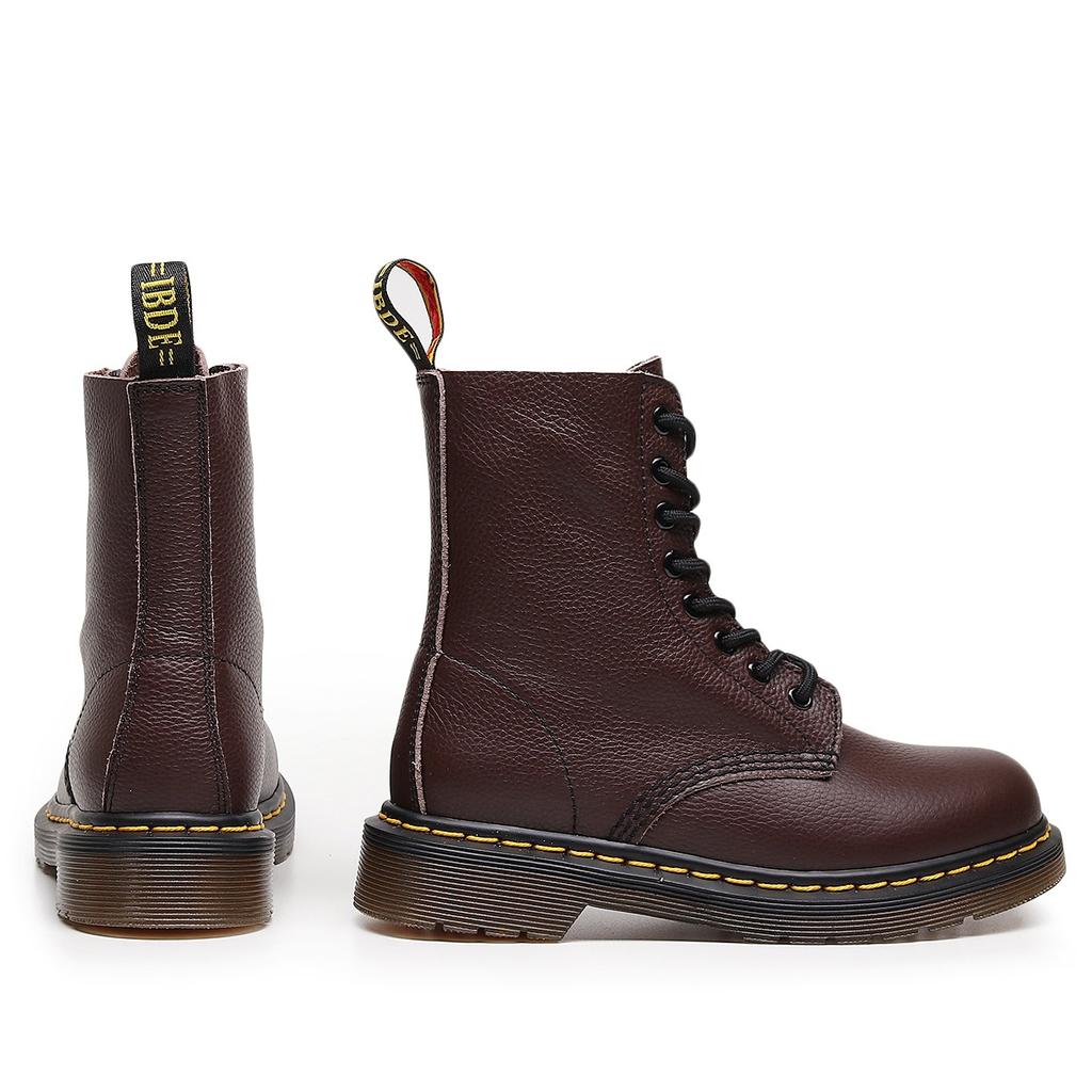 Botas cargo padrão lichia 1460 feminino camada superior couro bovino macio botas de casal couro genuíno britânico botas de motocicleta bico redondo tendência