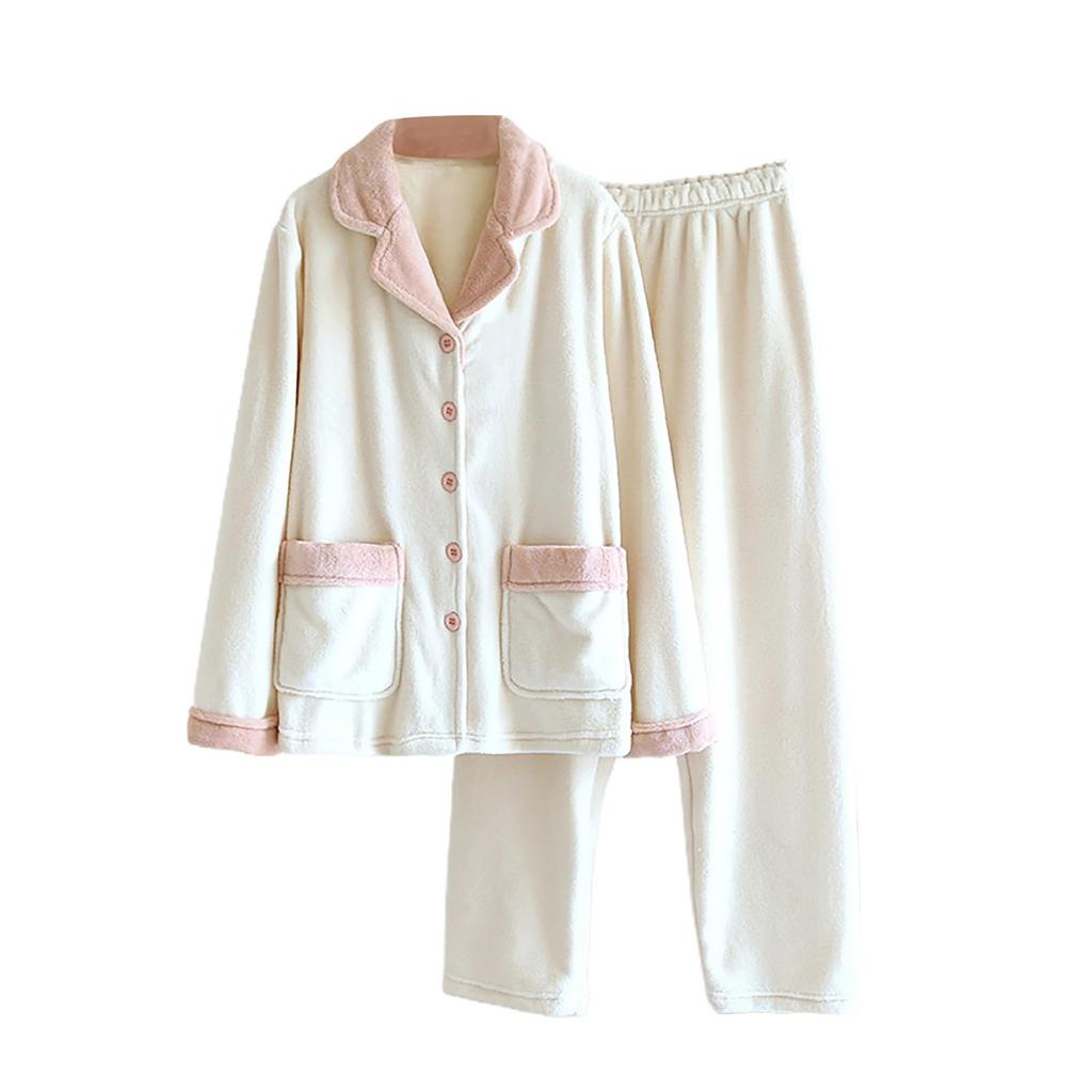 Ladies' Casual And Comfortable Round Neck Warm And Plush Home Clothes Cardigan Sleepwear And Pants Set