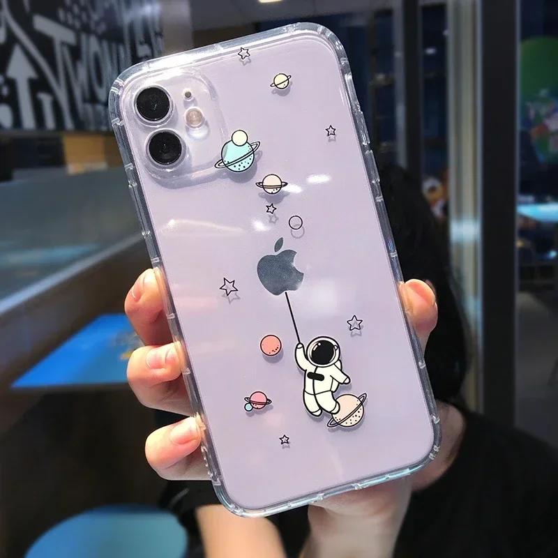 

Funny Cartoon Astronaut Phone Case for iPhone 16 15 14 13 12 11 Pro Max Mini X XS XR 7 8 Plus Shockproof Transparent Soft Shell iPhone 13 Mini
