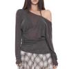 Sexy Thin See Through Long Sleeve Oversize T Shirt Women Bandage Off Shoulder Female Basic Long Tees Korean Chic Lady