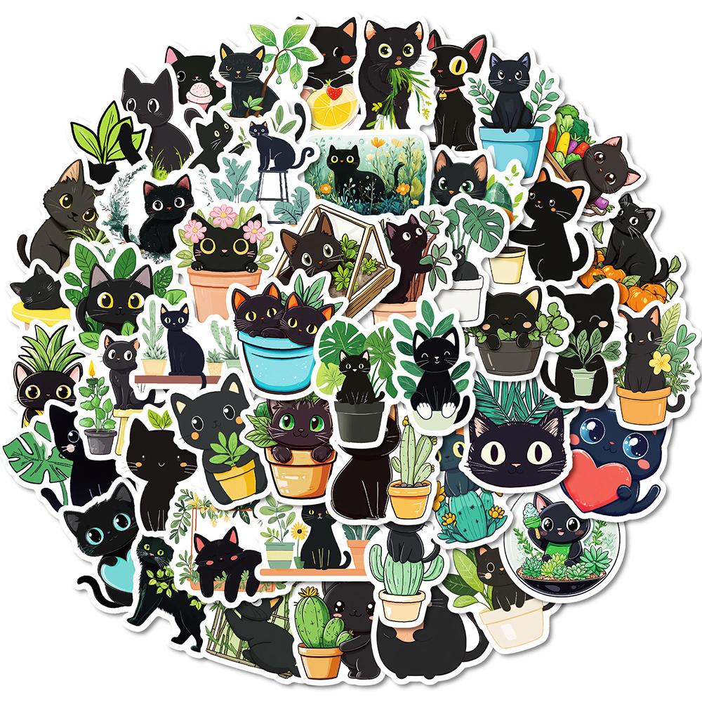 10/30/50pcs Cute Cartoon Plant Black Cat Series Stickers Waterproof Skateboard Laptop Notebook Phone Decoration DIY Sticker Pack