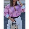 Women Vintage Striped Shirt Turn Down Collar Contrast Cuff Long Sleeve Loose V Neck Blouse Top