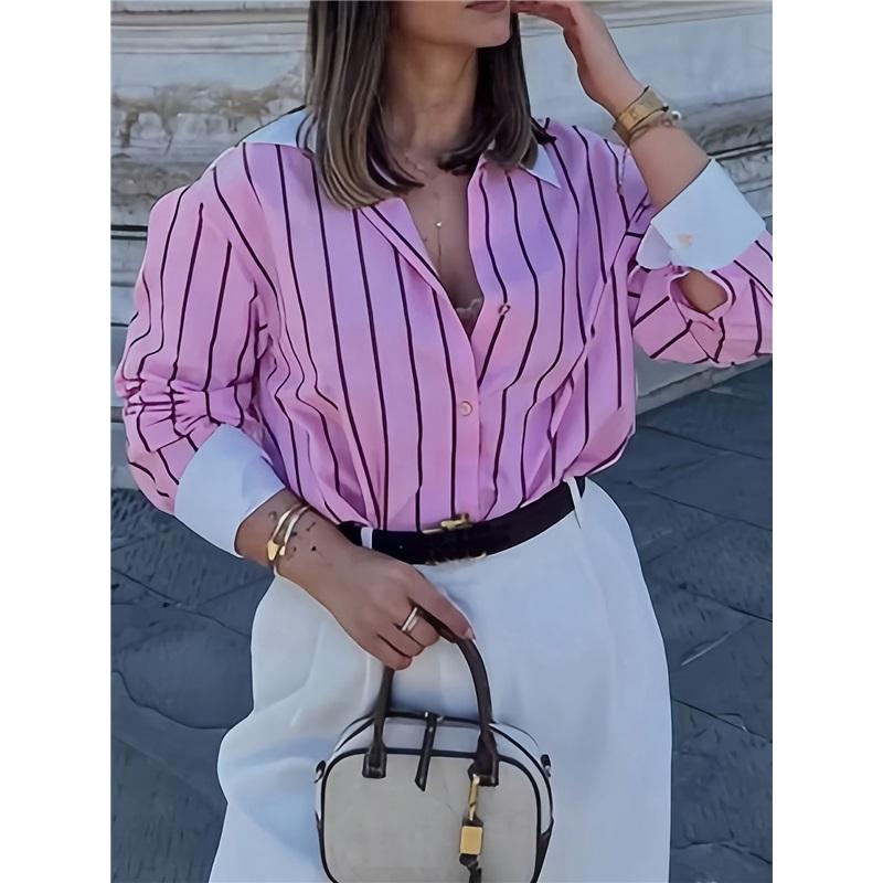 Women Vintage Striped Shirt Turn Down Collar Contrast Cuff Long Sleeve Loose V Neck Blouse Top