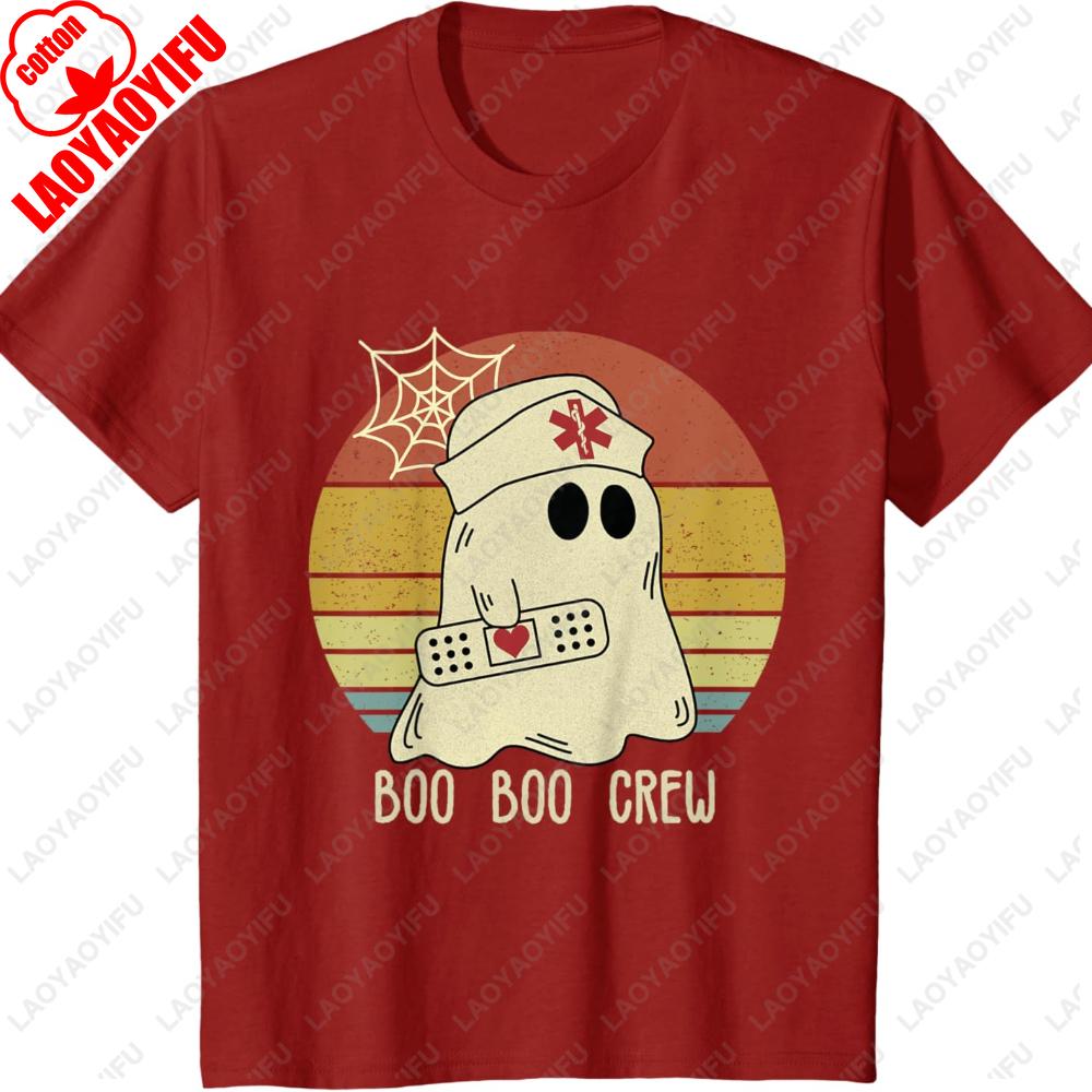 Boo Boo Crew Nurse Halloween Graphic T Shirts Spider Web Woman Men Cotton Tshirt Tops Lovely Ghost Nurse Crewneck T-shirt