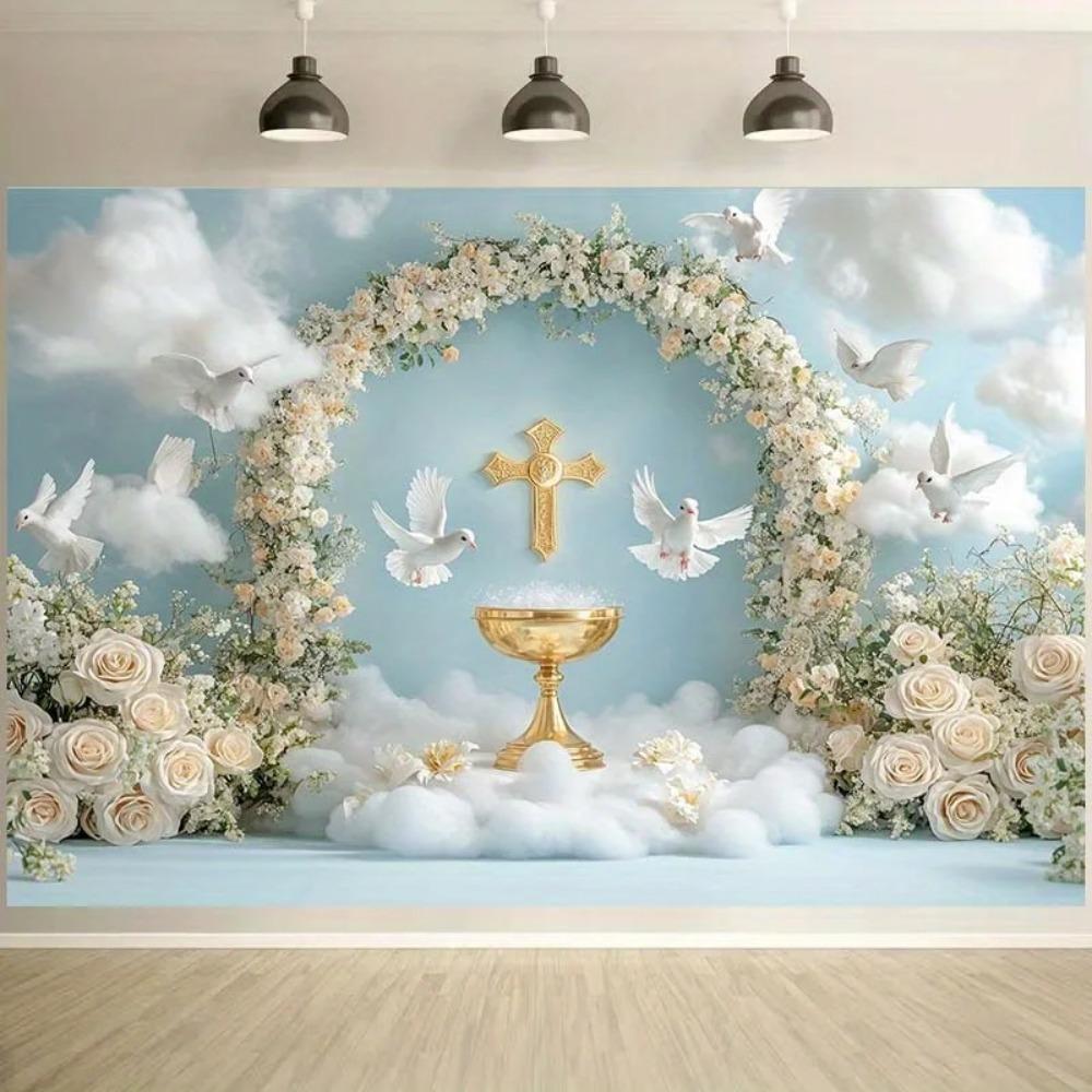 Elegant Religious Golden Holy Grail White Dove Banner Background, Wedding Scene, Birthday Party Decoration Photography Backdrop