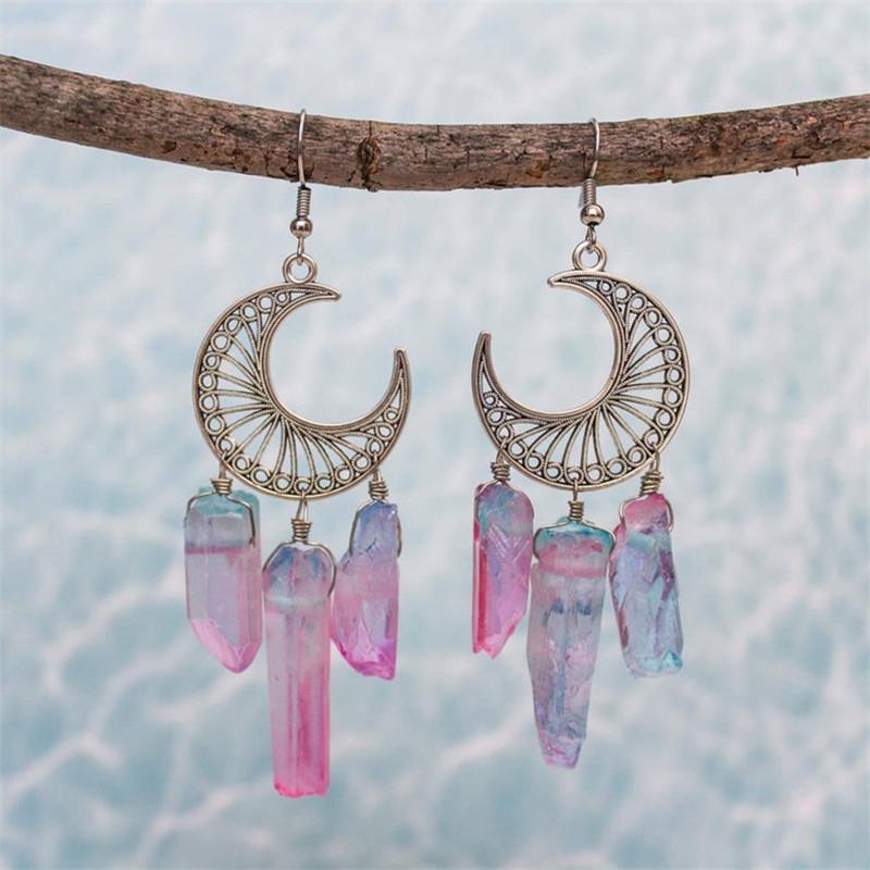 Elegant Asymmetric Purple Quartz Crystal Earrings With Stainless Steel Posts For Womens Fashion