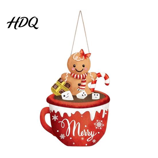 Wall Hanging Festive Ornament Christmas Wooden Sign Cute Gingerbread Man Hot Cocoa Mug Welcome Door
