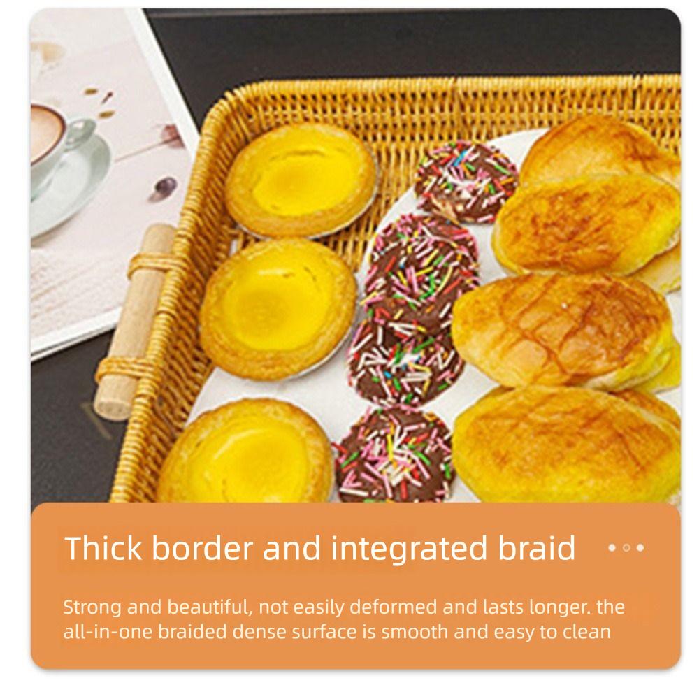 Wooden Handle Woven Rattan Basket Plastic Rattan Threads Woven Fruit Platter  Breakfast