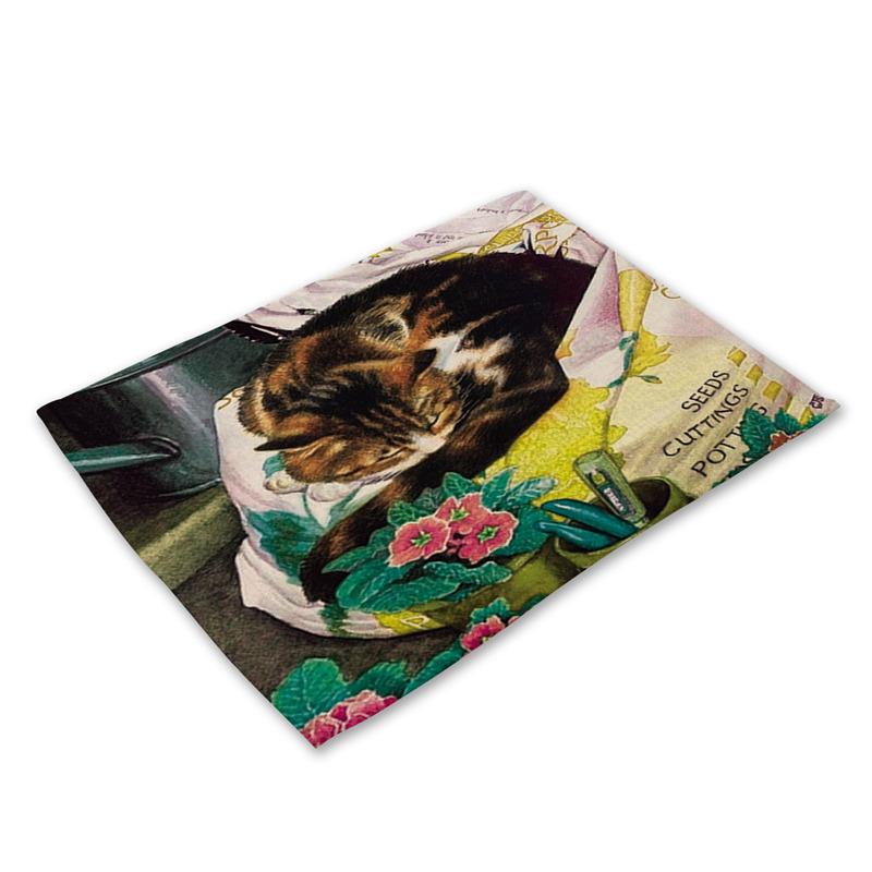 45X30cm Cute Cat Flower Pattern Placemat Dining Table Mats Cotton Linen Drink Coaster Western Pad Cup Mat For Home Decor Gifts