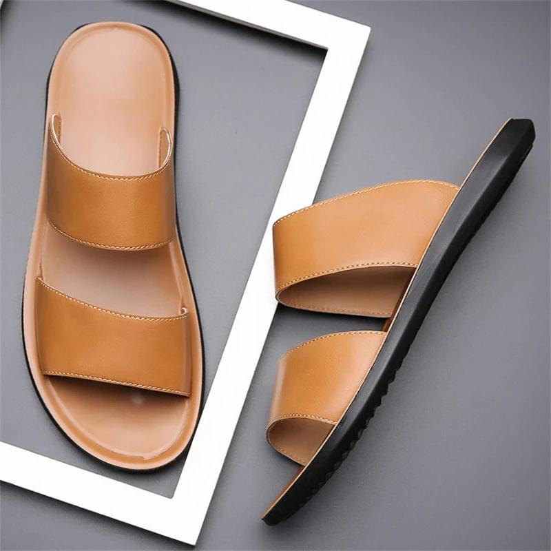 2025 Summer New Men's Slippers Fashion Soft Bottom Leather Surface Casual Slippers Outdoor Non Slip Beach Sandals Large Size