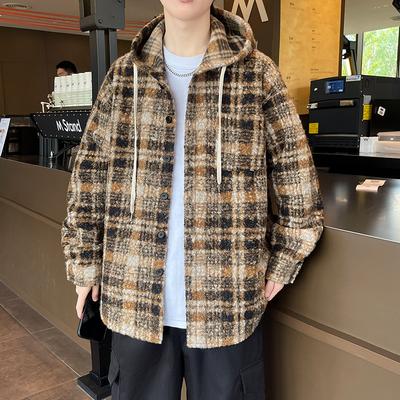 Fashionable Autumn and Winter Men's Shirt Jacket Tweed Thickened Plaid Hooded Shirt