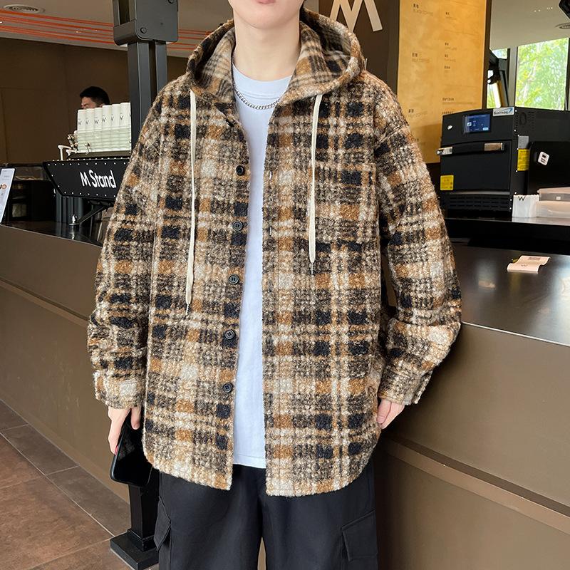 

Модная мужская рубашка-куртка на осень и зиму, твидовая, утолщенная, в клетку, с капюшоном 5XL