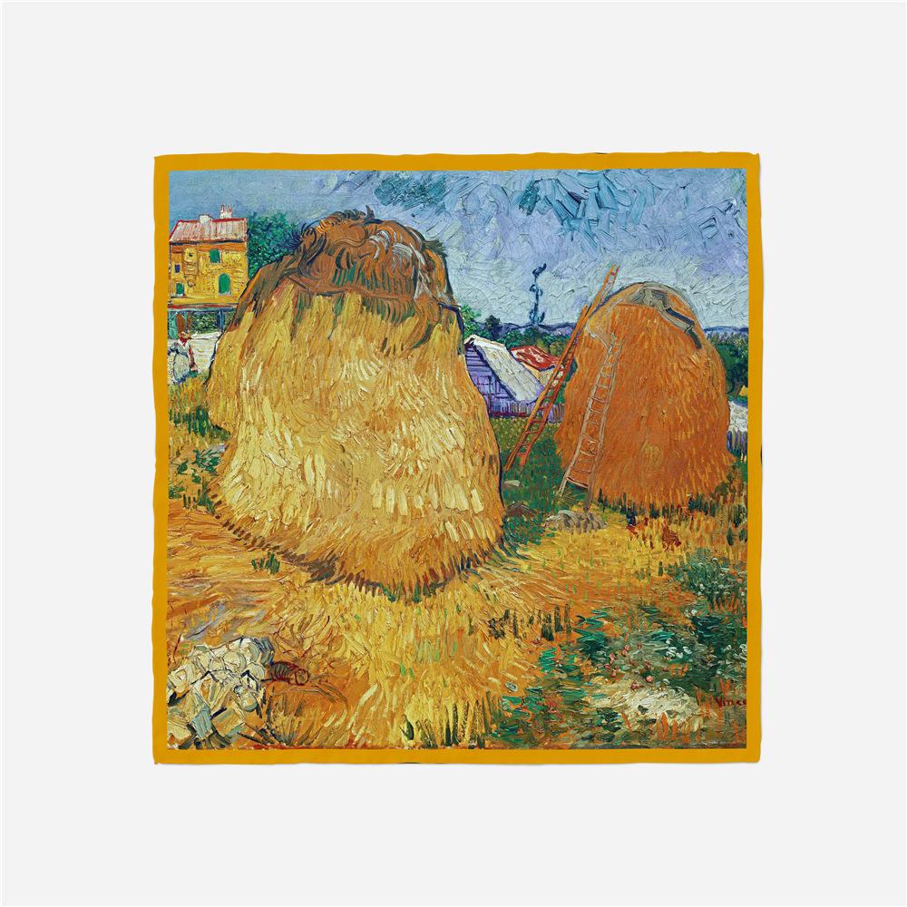 

53СМ Маленький Квадратный Шарф Золотой Стог Сена Принт Твиловый Сатин Женский Шейный Платок Женская Бандана Хиджаб Сумка Шейный Платок 53x53cm