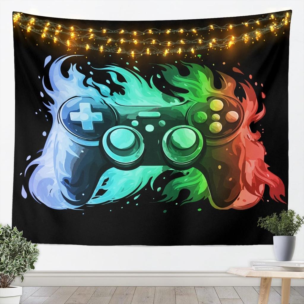 Flame Gaming Controller Tapestry, Black Background with Colorful Controller Pattern for Boys' Bedroom and Gamer Room Decor
