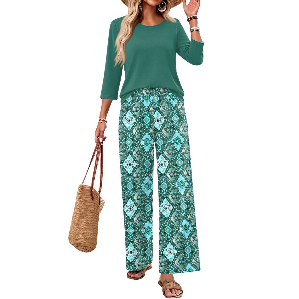 Women's Casual Fashion Round Neck Loose Fit Printed Three Quarter Sleeve Top with Wide Leg Printed Pants Set Comfortable Loungewear